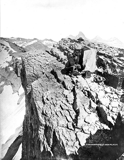 Pioneer photographer William Henry Jackson, kneeling, and assistant Charles Bell in the Tetons, 1872. W.H. Jackson photo, USGS.