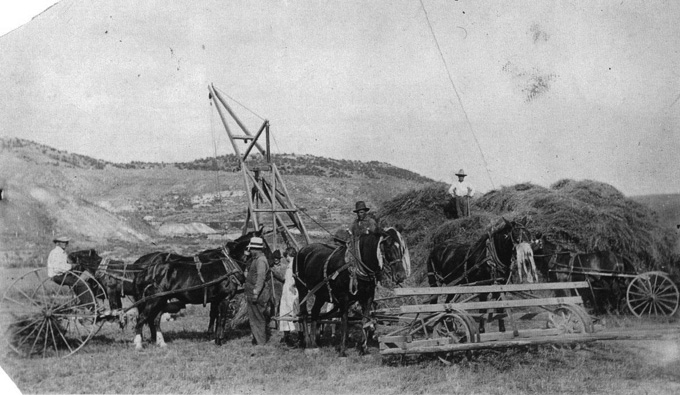 An early-day haying operation near Almy, Wyo. Uinta County Museum photo.