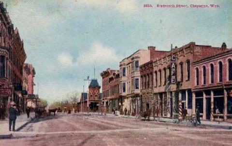 Sixteenth Street in downtown Cheyenne, around 1902. The U.S. marshal's office was inside the second-story bay window in the building at the left. Wyoming Tales and Trails.