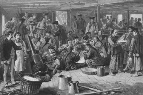Chinese sojourners bound for the United States on the steamship Alaska, 1876. Library of Congress.