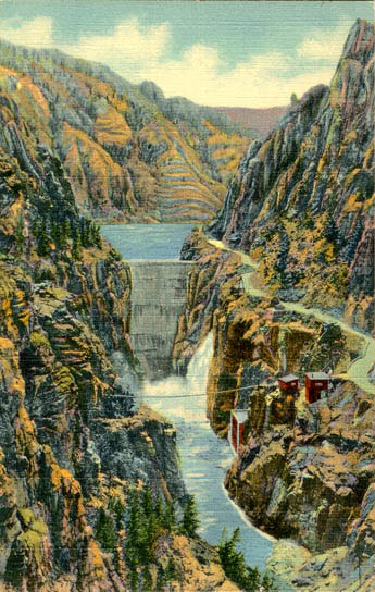 The Buffalo Bill Dam, eight miles up the Shoshone River from Cody, was completed in 1911. US Genweb Archives.