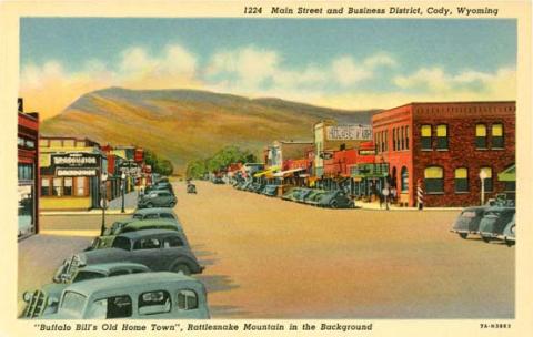 Sheridan Avenue in Cody, seat of Park County, shown here about 1940, looks similar today. US Genweb Archives.
