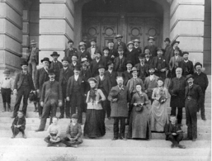 Constitutional delegates and friends gathered on the capitol steps in 1889. (WSA photo)
