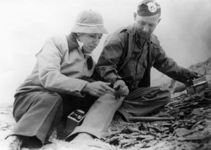 Maxine and Neil McNeice at the site of their uranium discovery in the Gas Hills east of Riverton, 1953. Riverton Museum.