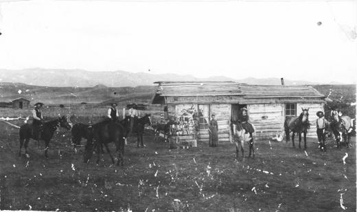 Fullerton Homestead on Shell Creek, west side of the Bighorn Mountains, probably 1890s. Left to right: Abe Marion, Billie Bryant, unknown, Mrs. Fullerton, Nettie Owen, R. W. Fullerton. Johnson County Jim Gatchell Memorial Museum.
