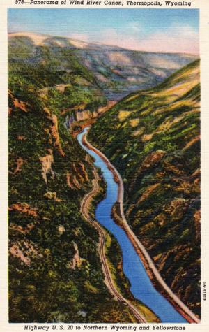 Wind River Canyon, looking north. 1940s postcard.
