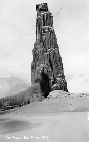 In the winter of 1938, a Wyoming Petroleum Corporation well near Big Piney, Wyo. blew out for two months and became coated in about 700 tons of ice before workers shut it in. Bill Williams collection, courtesy of Jonita Sommers.