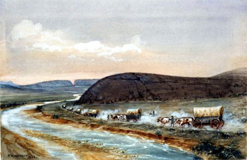 The great western migration has become iconic. Wagons passing Independence Rock, Wyoming on the Oregon Trail. William Henry Jackson.