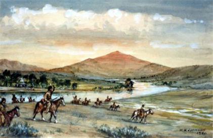Red Buttes on the North Platte, where Robert Stuart and the Astorians built a cabin. WH Jackson watercolor.