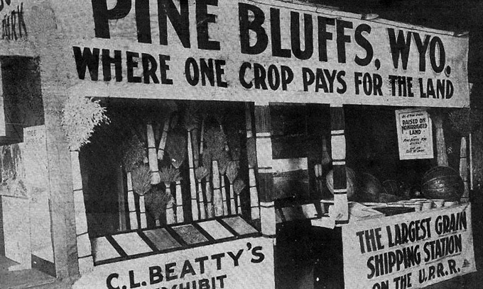 The Pine Bluffs exhibit at a land show in Omaha, Neb., 1911. Wyoming Tales and Trails.