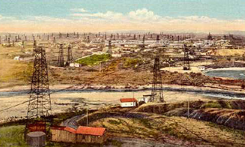The Midwest Oil Company's field on Salt Creek about 1920, the year Congress approved a new system for leasing the right to produce oil on public lands. Wyoming Tales and Trails.