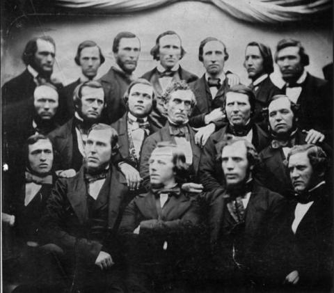 Mormon missionaries in Liverpool, England, 1855. LDS Church Archives. Edward Martin is on the extreme right of the middle row.