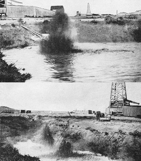 Oil gushing into pits at the Lance Creek field, 1920. USGS photos
