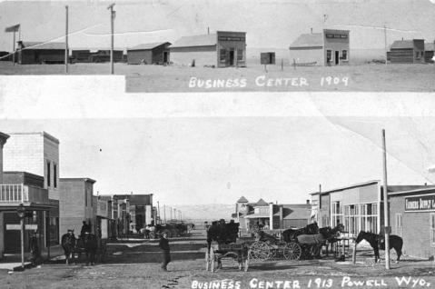 Downtown Powell, Wyo., 1909 and 1913. The earlier view&amp;nbsp;shows the first business district on Clark Street; the later view looks north from the intersection of First and Bent streets. Homesteader Museum photo.