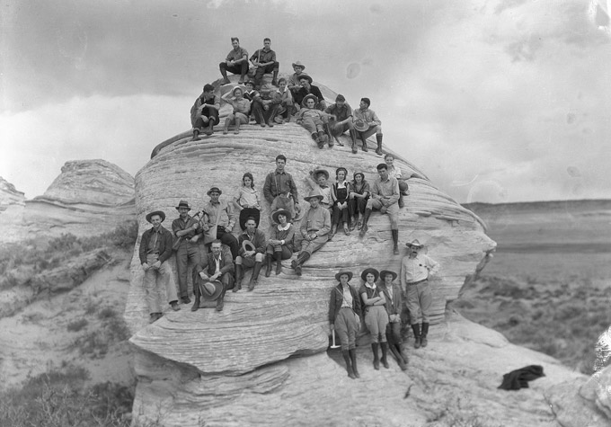 Samuel H. "Doc" Knight, lower right, and a group of geology students about 1930. UW American Heritage Center photo.