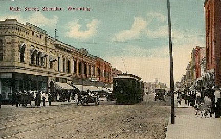 Sheridan in 1912, showing an electric trolley car that serviced the mining towns of Monarch and Acme, looking north.