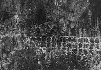 A trestle on the Tongue River tie flume, around 1900. Wyoming Tales and Trails.