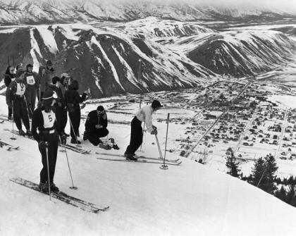 Ski racers ready for the start of a race on Snow King above Jackson, 1950s. Jackson Hole Historical Society and Museum.