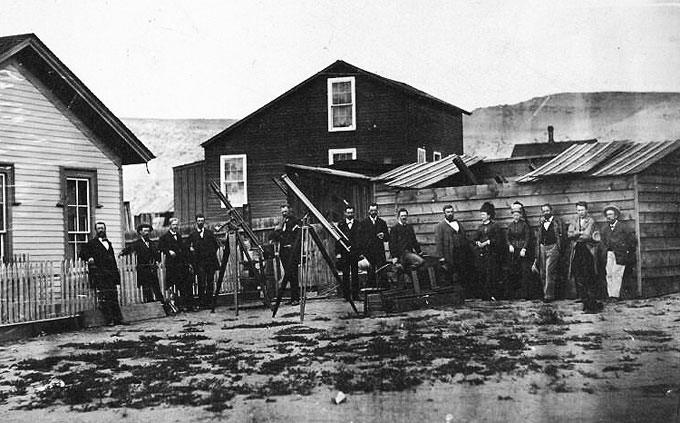 Prof. Henry Draper's eclipse party with telescopes in Rawlins, Wyo., in the summer of 1878. Thomas Edison is second from the right. (Carbon County Museum photo.)