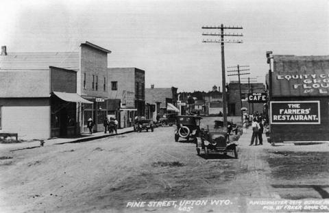 Pine Street served as Upton's main street around 1920, bustling with stores, businesses and a bank. Alice Schuette Collection, Weston County Historical Society.