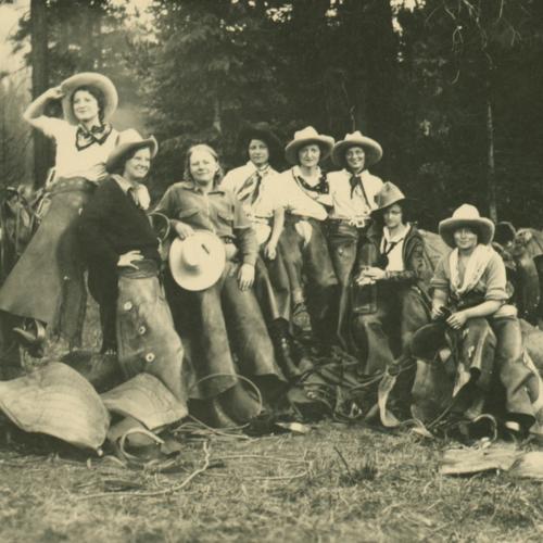 "A group of dude girls," someone wrote on the back of this photo, from the Turpin Meadows Ranch in Jackson Hole, 1932. American Heritage Center.