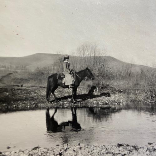 Investigating the Bozeman Trail from the Powder River crossing north to Fort C.F. Smith in Montana, Vie, shown here about 1910, rode long stretches of the trail on horseback. She was working less than 45 years after the events she was writing about. Garber family photo. 