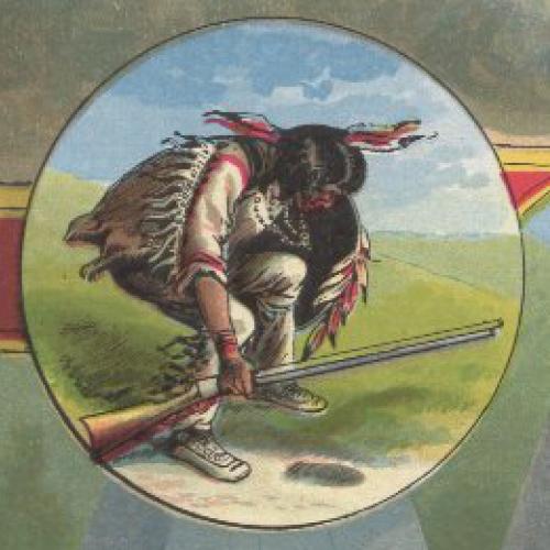 Illustration of a Native American crouching to look art a footprint, from childrens' book