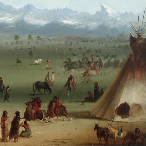 Oil painting detail Indigenous people, some on horseback, scattered around a plain near a teepee