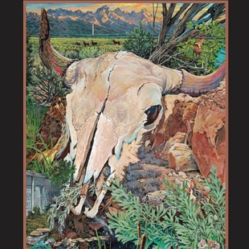 Book cover with images of a buffalo skull nestled in some native plants with mountains in the horizon; the title text reads, "Tribal Government, Wind River Reservation, by Janet Flynn with contributions by A.W. Baldwin