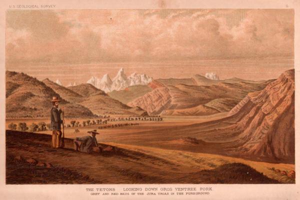“The Tetons Looking Down Gros Ventree Fork,” from the painting by Anton Schönborn. On June 11, 1860, Raynolds reported, the men “looked down upon ‘Jackson’s hole.’ It is a wide level valley extending up the river apparently to the foot of the main chain of Mountains and is bounded on the West by the Teton range.” Chromolithograph published in the Twelfth Annual Report of the United States Geological and Geographical Survey of the Territories, 1883. 