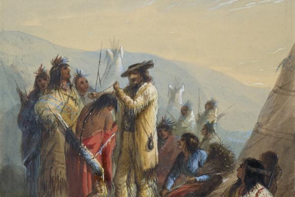 painting of buckskin-clad fur trader placing beaded necklace over the head of an Indigenous man among a group of his fellow tribesmen in a cluster of teepees