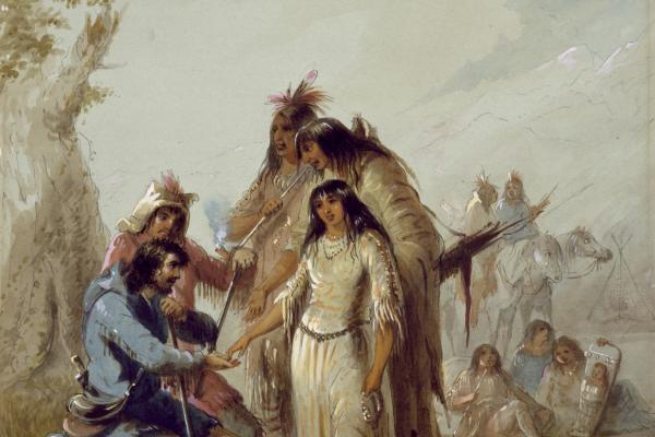 painting of two trappers seated, one holding the hand of an Indigenous woman in buckskin dress, with two taller Indigenous men standing behind her
