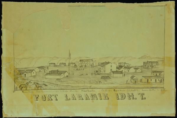 drawing of assorted one-and two-story buildings with a tall flgpole in the center and tiny figures walking about. At the bottom are the words, "FORT LARAMIE IDH. T."