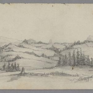Expedition artist James Hutton made this pencil sketch of Inyan Kara Peak in the Black Hills of what’s now Wyoming in July 1859. Naturalist F.V. Hayden wrote: “Civilized life could find no home in this region, and if the savage desires its continued possession, I can see no present reason for its disputing.” But the discovery of gold nearby in 1874 would make dispute certain over the land. Hutton drawings collection, The Huntington Library.