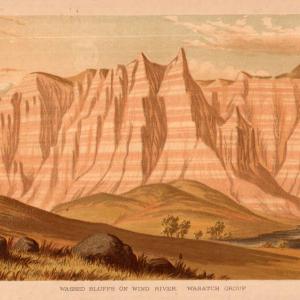 Raynolds wrote on May 17, 1860 that “The country cannot by any possible means ever be made fit for the habitation of the white man.” “Washed Bluffs on Wind River, Wasatch Group,” from an 1860 drawing by Anton Schönborn. Chromolithograph published in the Twelfth Annual Report of the United States Geological and Geographical Survey of the Territories, 1883. Striped bluffs like these flank the river today a few miles below present Dubois, Wyoming.