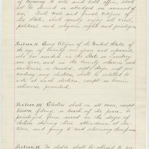 Wyoming’s Constitution explicitly supports the equality of women’s and men’s civil, political and religious rights, as shown here in Article 6, Section 1. Courtesy Wyoming State Archives.