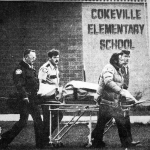 Emergency workers after the Cokeville bombing. Rick Sorenson photo, Casper Star-Tribune Collection, Casper College Western History Center.