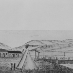 Platte Bridge in 1863, in a sketch by Bugler C. Moellman of the 11th Ohio Cavalry. The post was later renamed for Lt. Caspar Collins, killed nearby in 1865. American Heritage Center.