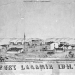 Fort Laramie about 1863, when the land around it was briefly part of Idaho Territory. Old Bedlam faces the viewer in the center, and the Laramie River flows in the foreground. American Heritage Center.