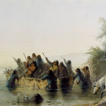 'Bull boating,' by Alfred Jacob Miller. Trappers and travelers used bullboats, made of buffalo hide stretched over a willow frame, for river crossings and other short voyages. William Drummond Stewart rides the white horse, at right. Walters Art Museum. 