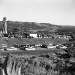 Dedication of Russin's Abraham Lincoln Memorial, 1959, at the highest point on the transcontinental Lincoln Highway, 8,835 feet above sea level. The spot was on what's now the service road between exits 323 and 329 of Interstate 80. After I-80 opened in 1969, the bust and its based were moved about a mile to the present location near exit 323 at a slightly lower elevation, 8,640 feet. UW photo service.