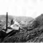 Sunrise iron mine, Sunrise, Wyo., 1906. The view shows the power and shaft house, housing the machinery that ran the main hoist up the mine shaft. J.E. Stimson, Wyoming Sate Archives.