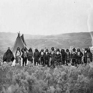 Shoshone Indians led by Chief Washakie relinquished their claim to the Green River Valley for building the UP right of way during negotiations at Fort Bridger in 1868. A.J. Russell, Wikipedia.