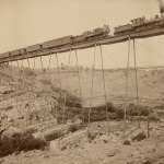 A train crosses the Dale Creek bridge in 1885, after the wooden trestle was replaced by steel. William Henry Jackson, Getty Museum. 