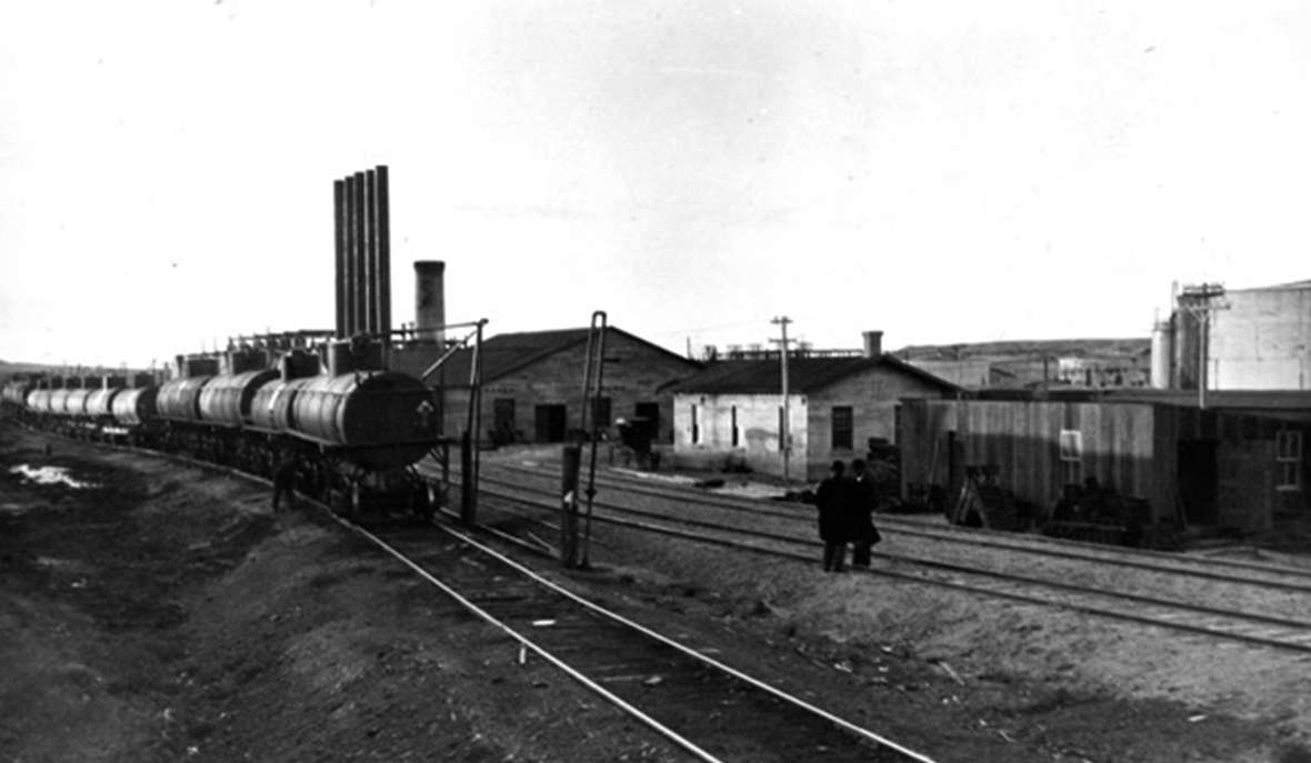 Railroad yards on the Shoshone Reservation, 1913. The Chicago & North Western arrived on the edge of the reservation in 1906, bringing in settlers eager for recently ceded Indian lands. Joseph Dixon photo, Wyoming Veterans Memorial Museum.