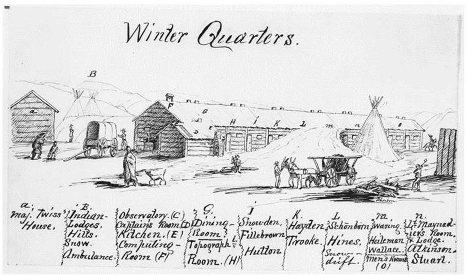 The Raynolds Expedition spent the winter of 1859-60 at Deer Creek. The buildings, sketched here by expedition artist Anton Schönborn, were partially completed earlier by Mormons to support a planned freight line across the West—plans that were scrapped by the so-called Mormon War of 1857-58. American Heritage Center, University of Wyoming.