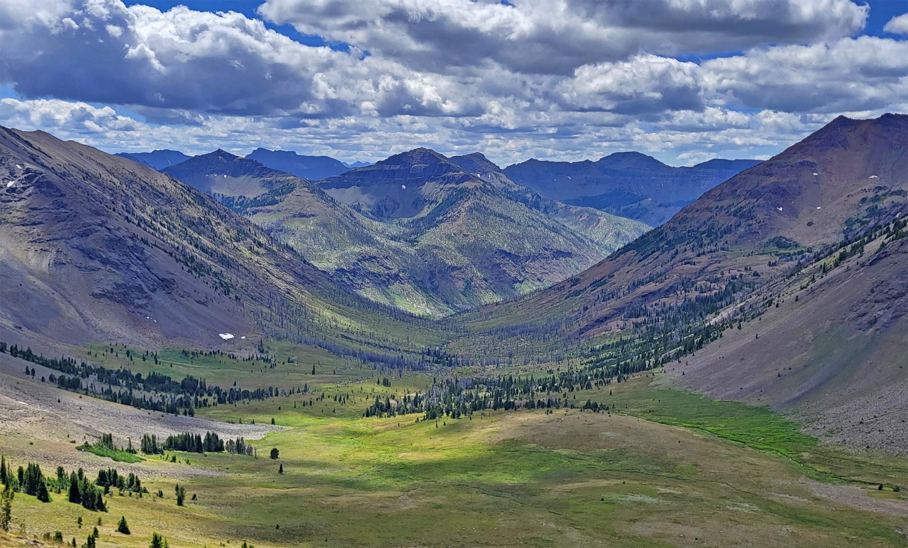 A view from Galena Creek Pass looking into Hughes Basin toward the mountains at the head of the North Fork of the Shoshone River. The Basin was named after John “Dad” Hughes, an early prospector in the area in the late 1800s. Investor John Painter began contracting with local miners to dig tunnels here in 1901. Brian Beauvais photo.