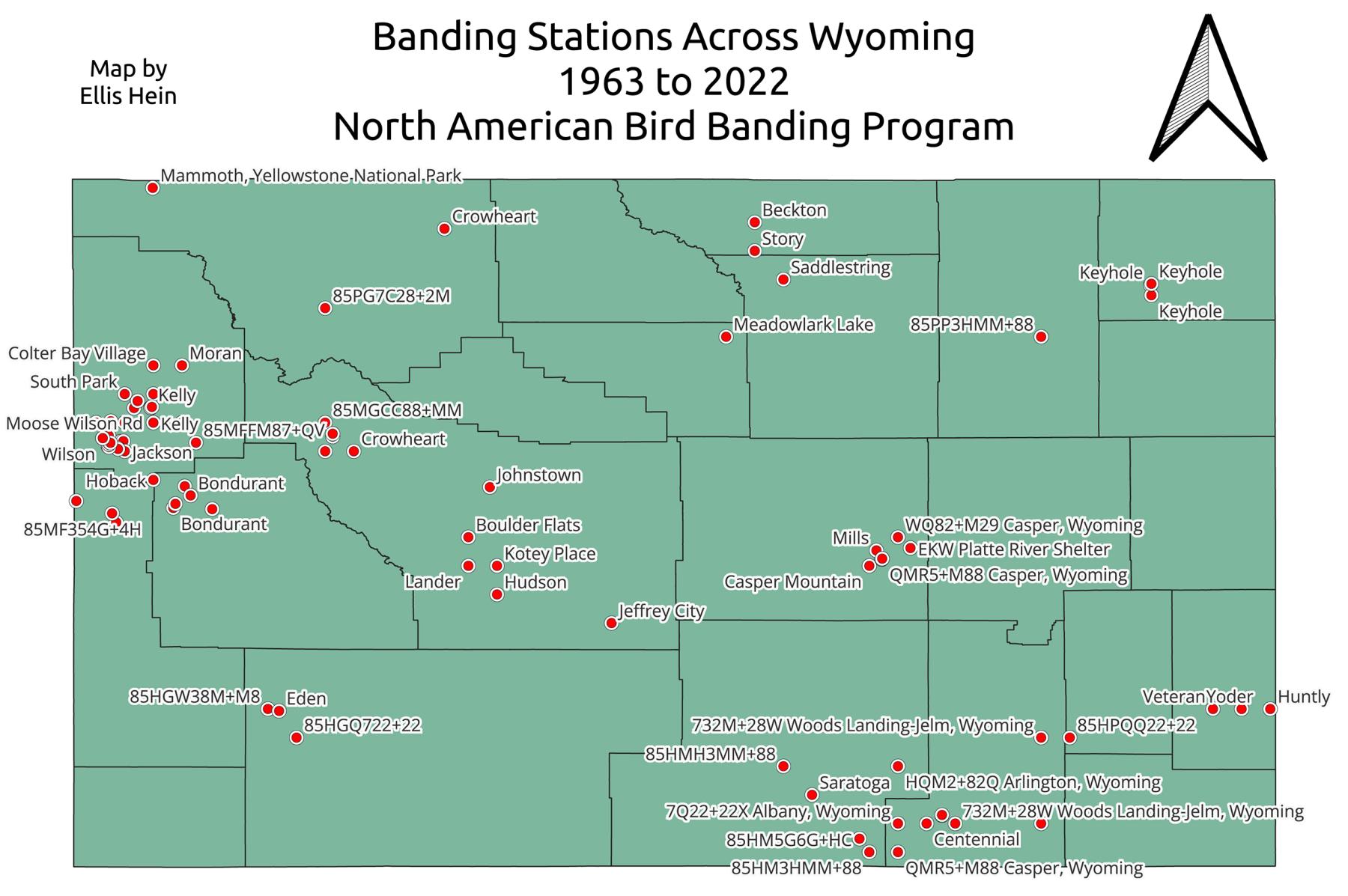 A map of some of the 60 or so different stations in Wyoming where people band birds. Collected data is sent to the U.S. Geological Survey’s Bird Banding Laboratory. Map by author.
