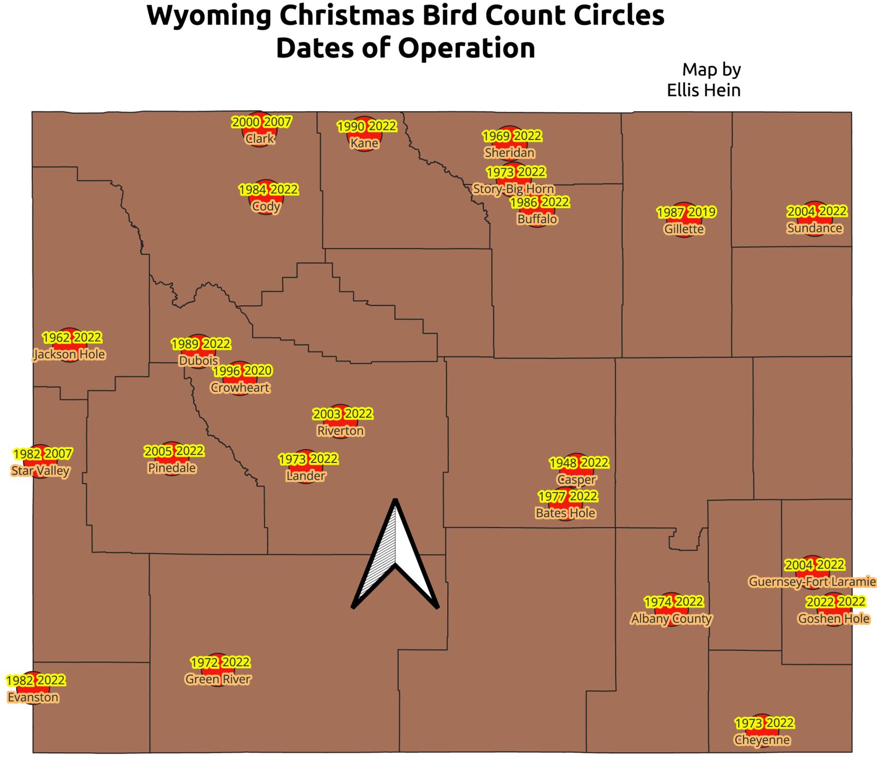 Wyoming birders count birds at Christmastime each year inside 15-mile-radius circles, mapped here, with the dates through 2022 when counts occurred in those circles. Counts usually last one or two days, between December 14 and January 5. Map by author.