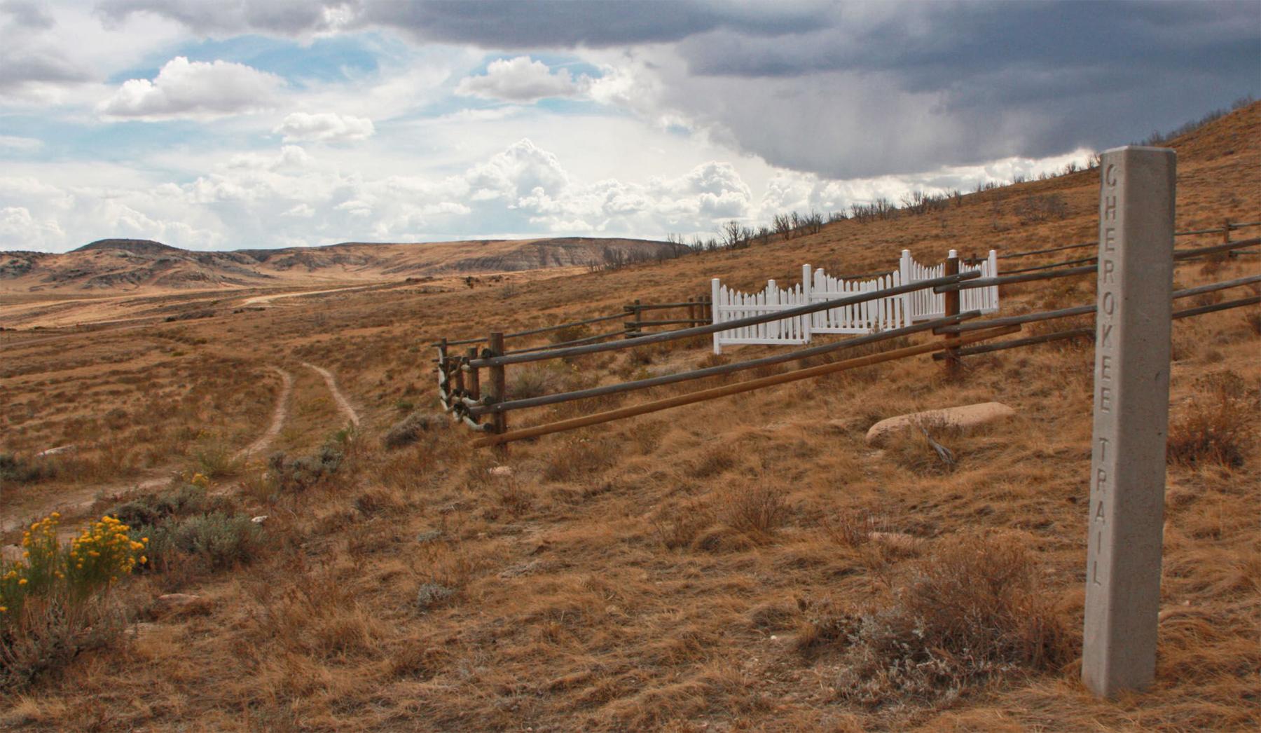 Figure 11: In 1852, 18-year-old Malinda Armstrong was girl traveling east with her family from California to Texas on the Cherokee Trail Southern Route. She contracted Mountain Fever (Colorado Tick Fever) near Fort Bridger. With no medical assistance available, she died along the route east of the Green River and was buried. Her grave, shown here, is maintained to the present. Western Archaeological Services.